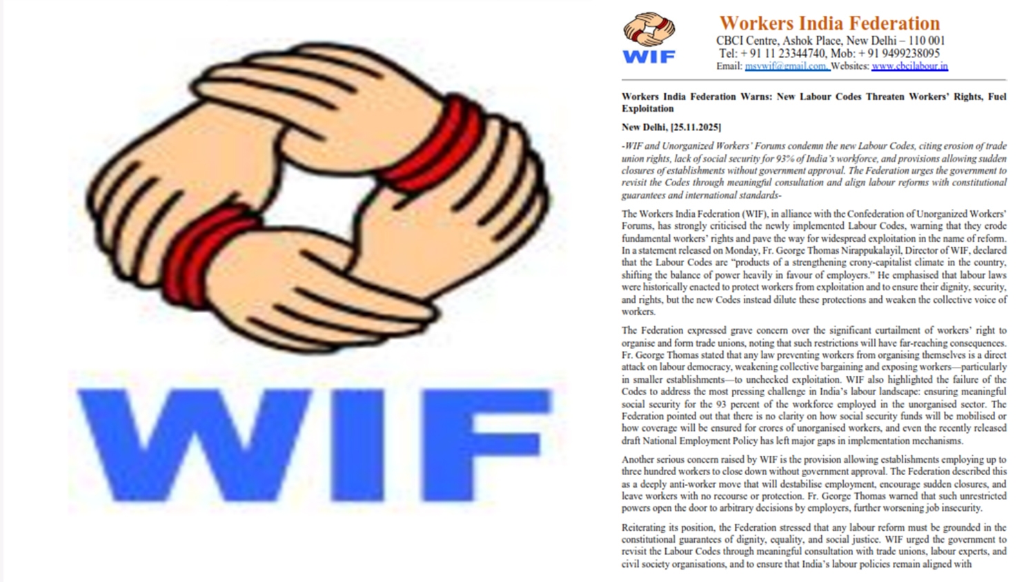 Workers India Federation Warns: New Labour Codes Threaten Workers’ Rights, Fuel Exploitation